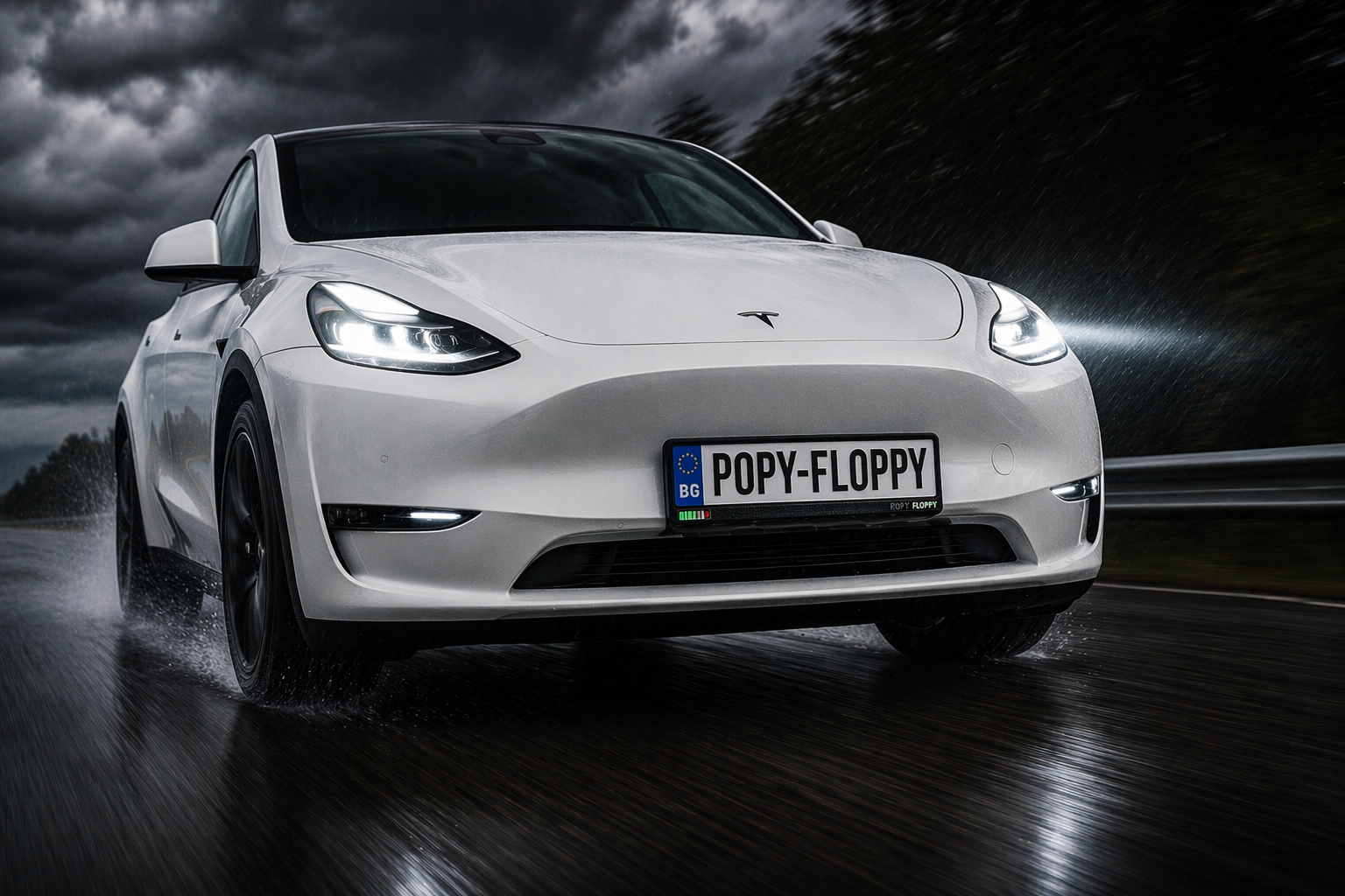 Рамка Заредено — монтирана на Tesla Model Y, предна табела